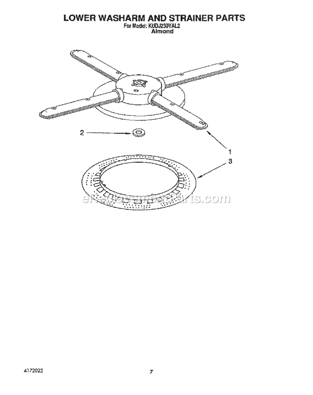 KitchenAid KUDJ230YAL2 Dishwasher Lower Washarm and Strainer Diagram