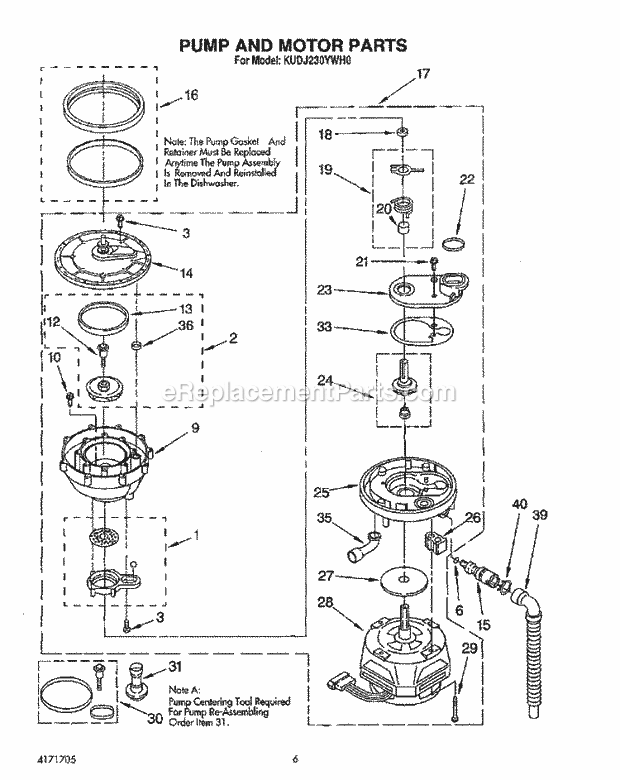 KitchenAid KUDJ230YWH0 Dishwasher Pump and Motor Diagram
