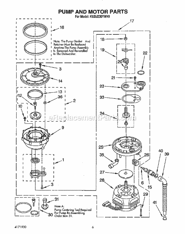 KitchenAid KUDJ230YWH1 Dishwasher Pump and Motor Diagram