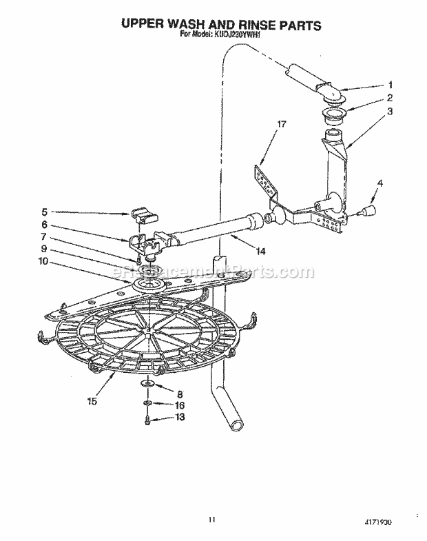 KitchenAid KUDJ230YWH1 Dishwasher Upper Wash and Rinse Diagram