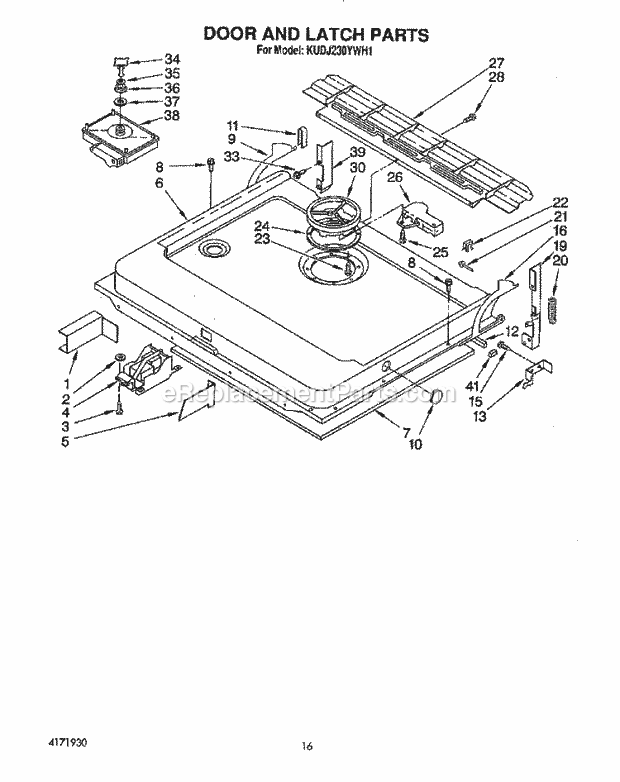 KitchenAid KUDJ230YWH1 Dishwasher Door and Latch Diagram