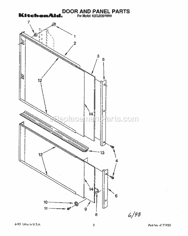 KitchenAid KUDJ230YWH1 Dishwasher Door and Panel Diagram