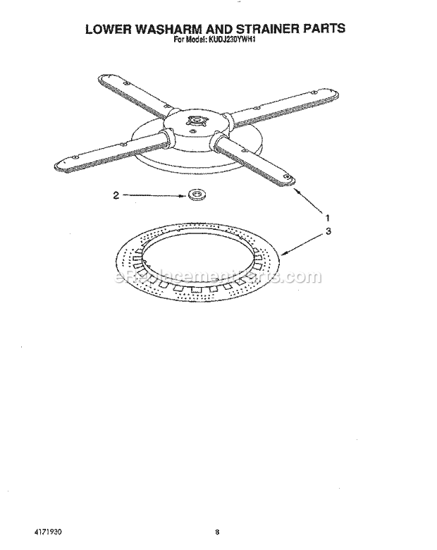 KitchenAid KUDJ230YWH1 Dishwasher Lower Washarm and Strainer Diagram