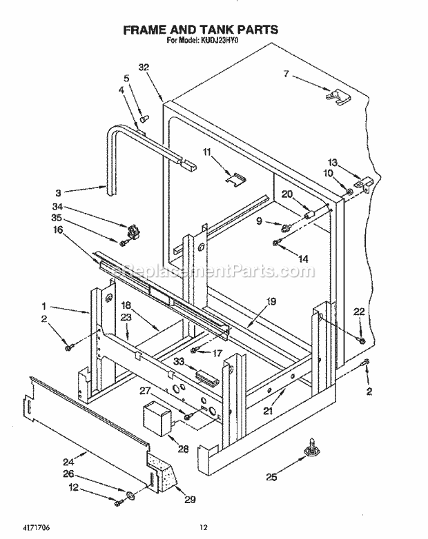 KitchenAid KUDJ23HY0 Dishwasher Frame and Tank Diagram