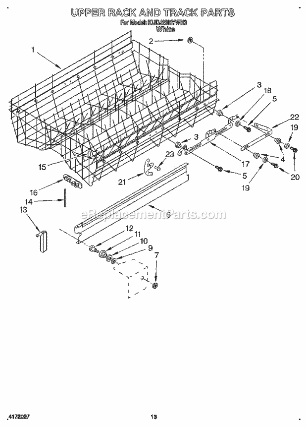 KitchenAid KUDJ23HYWH3 Dishwasher Upper Rack and Track Diagram