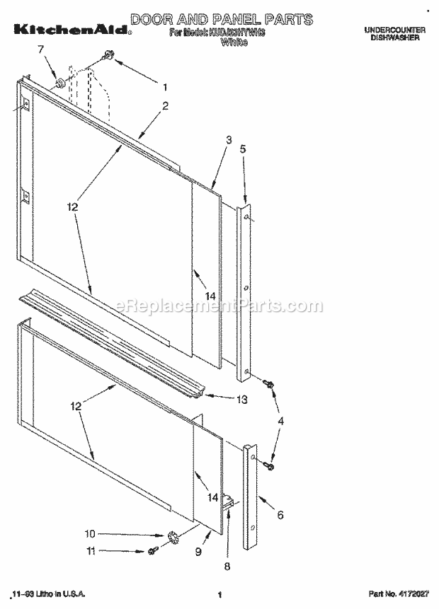 KitchenAid KUDJ23HYWH3 Dishwasher Door and Panel Diagram