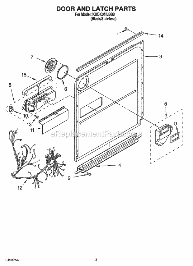 KitchenAid KUDK01ILBS0 Dishwasher Door and Latch Parts Diagram