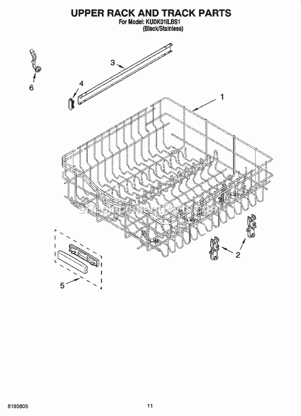 KitchenAid KUDK01ILBS1 Dishwasher Upper Rack and Track Parts Diagram