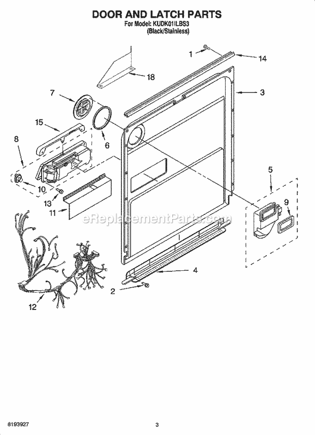 KitchenAid KUDK01ILBS3 Dishwasher Door and Latch Parts Diagram