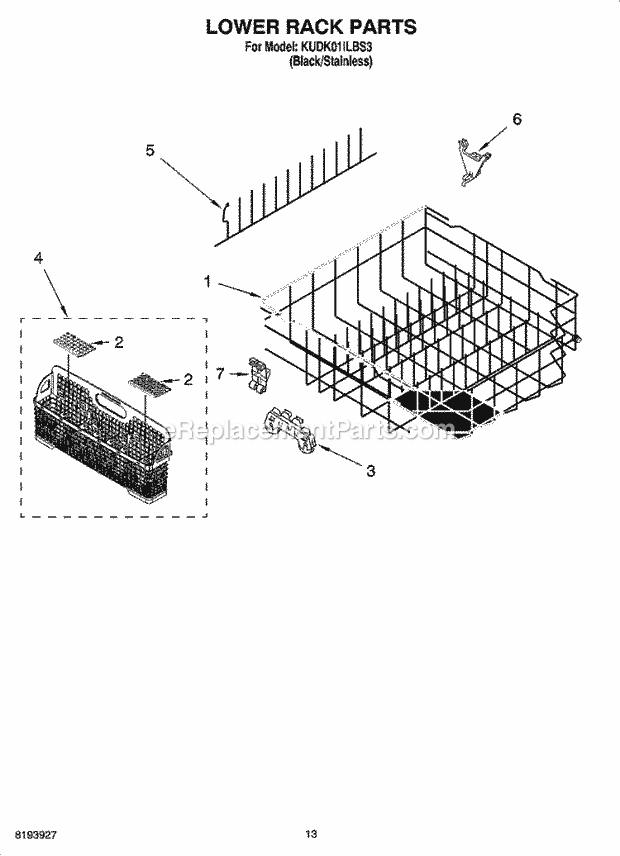 KitchenAid KUDK01ILBS3 Dishwasher Lower Rack Parts Diagram