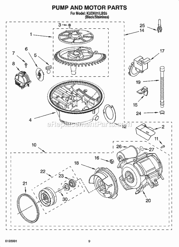 KitchenAid KUDK01ILBS5 Dishwasher Pump and Motor Parts Diagram