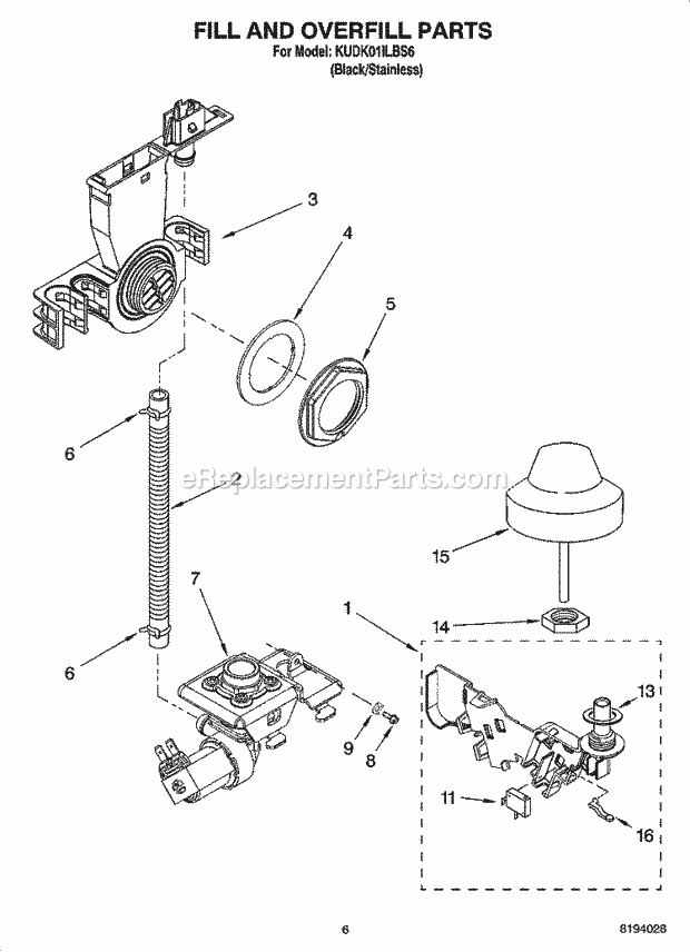 KitchenAid KUDK01ILBS6 Dishwasher Fill and Overfill Parts Diagram