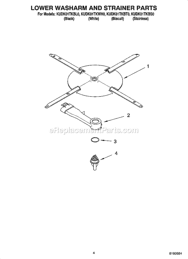 KitchenAid KUDK01TKBL0 Dishwasher Lower Washarm and Strainer Parts Diagram