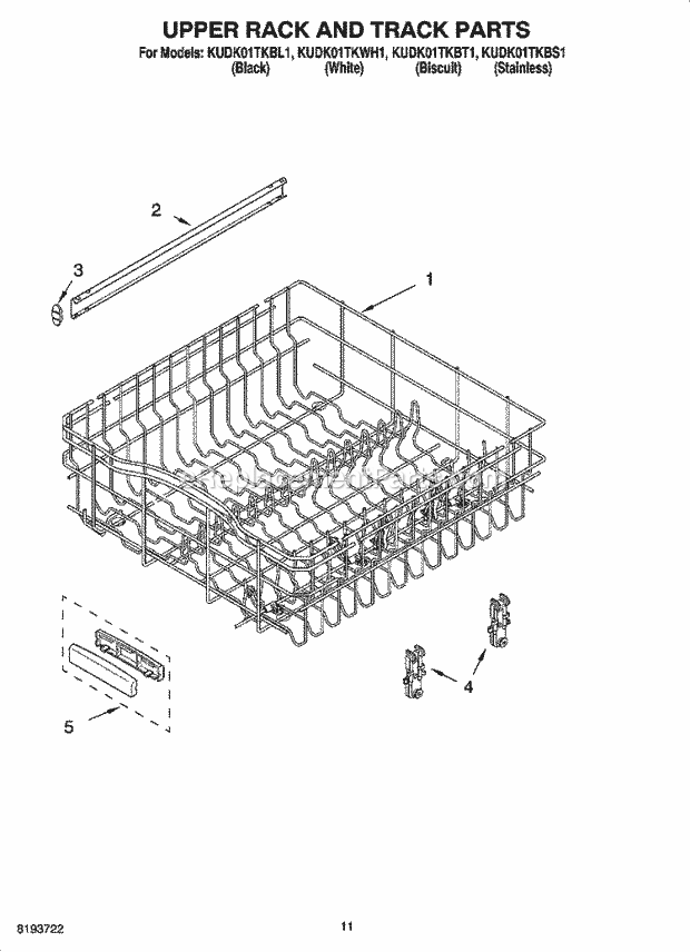 KitchenAid KUDK01TKBL1 Dishwasher Upper Rack and Track Parts Diagram