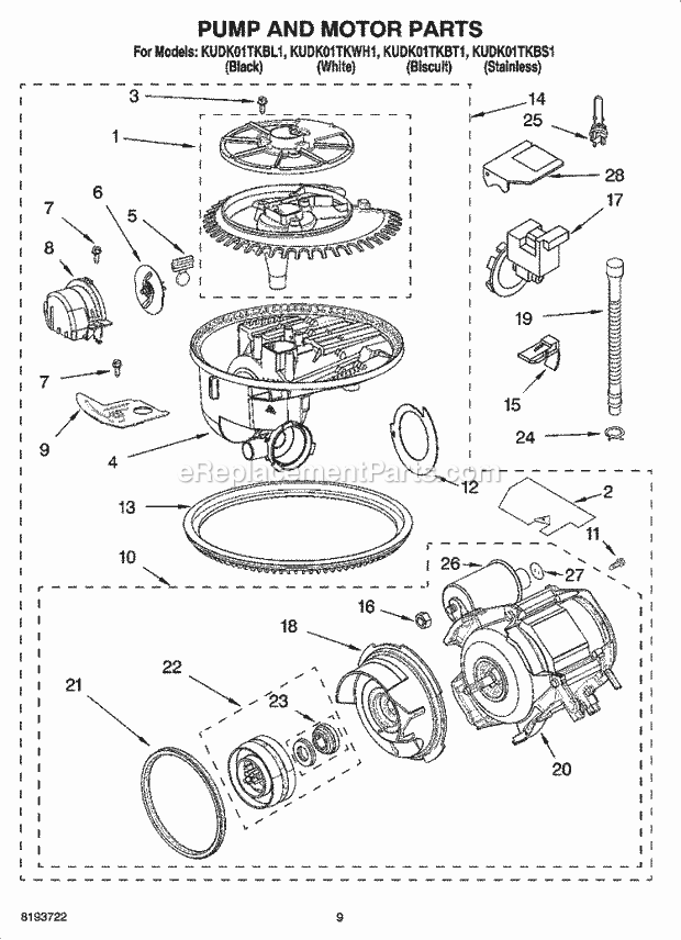 KitchenAid KUDK01TKBL1 Dishwasher Pump and Motor Parts Diagram