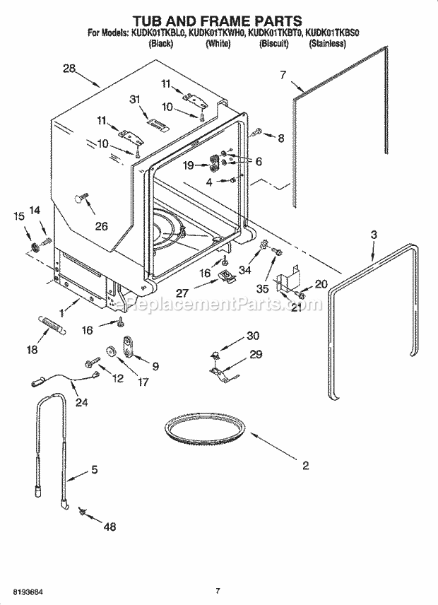 KitchenAid KUDK01TKBS0 Dishwasher Tub and Frame Parts Diagram