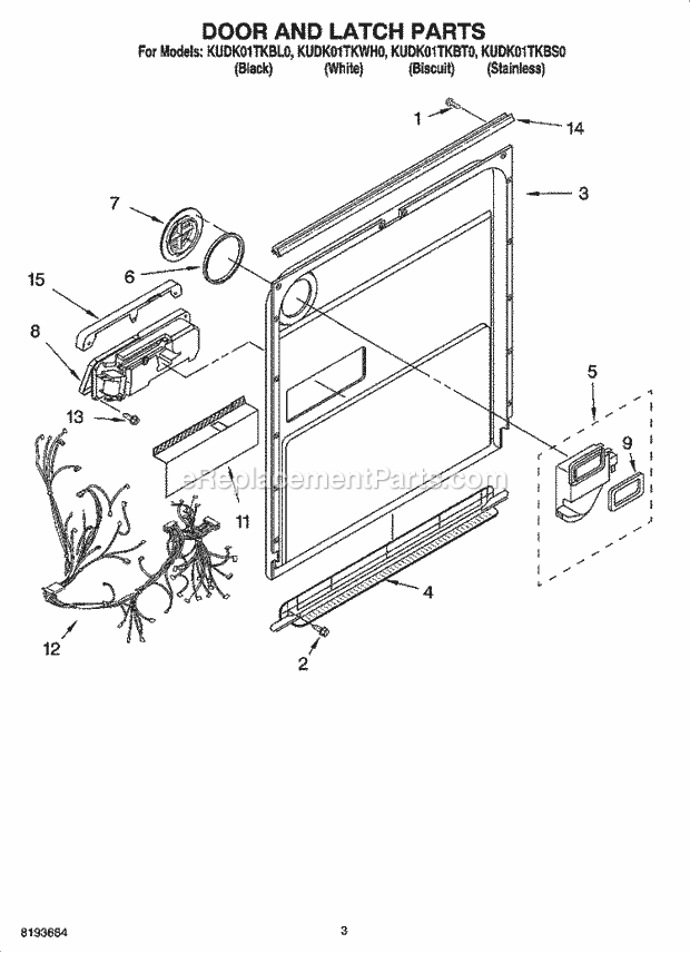 KitchenAid KUDK01TKBS0 Dishwasher Door and Latch Parts Diagram