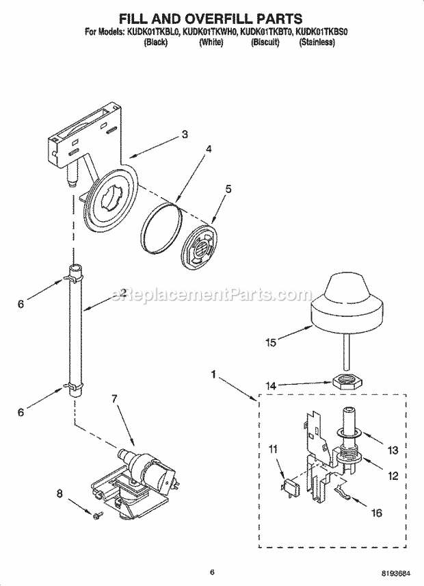 KitchenAid KUDK01TKBS0 Dishwasher Fill and Overfill Parts Diagram