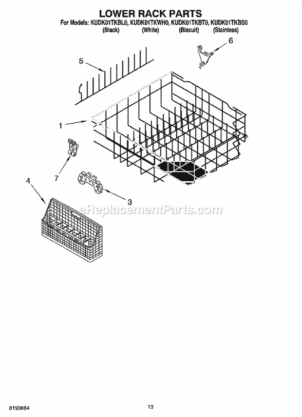 KitchenAid KUDK01TKBS0 Dishwasher Lower Rack Parts Diagram