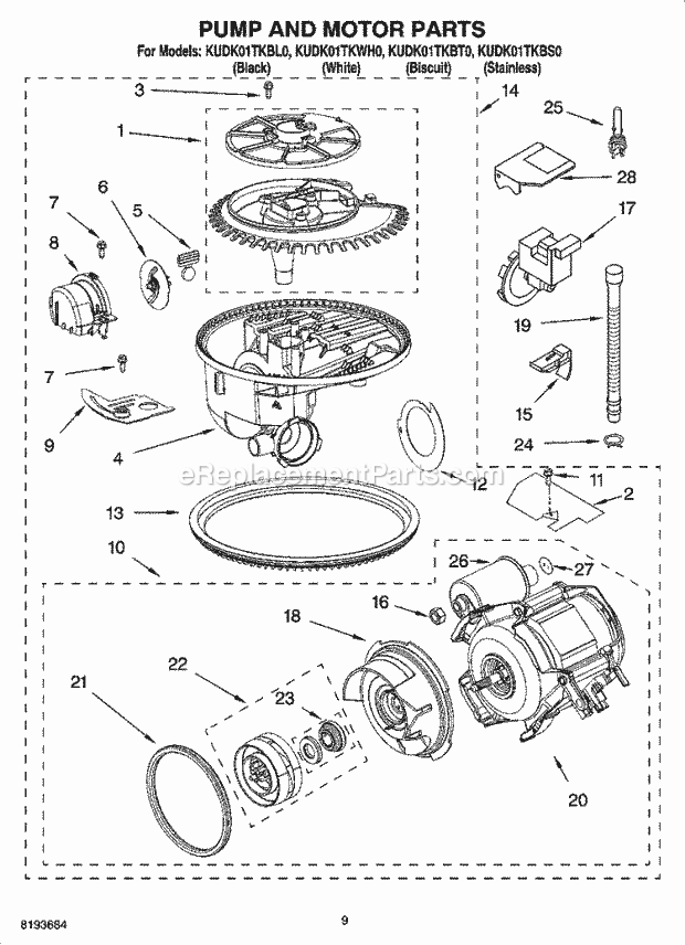 KitchenAid KUDK01TKBS0 Dishwasher Pump and Motor Parts Diagram