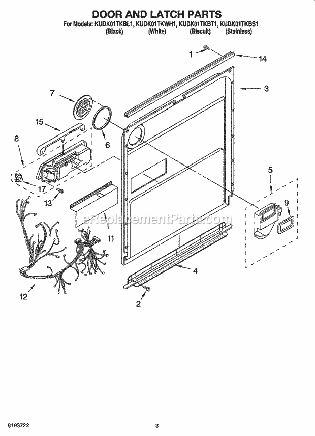 KitchenAid KUDK01TKWH1 Dishwasher Door and Latch Parts Diagram