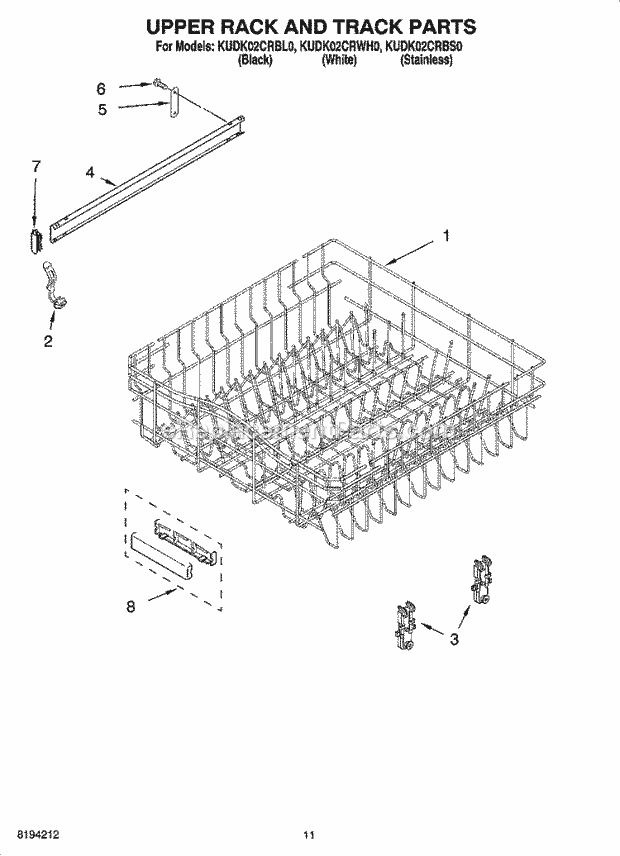KitchenAid KUDK02CRBL0 Dishwasher Upper Rack and Track Parts Diagram