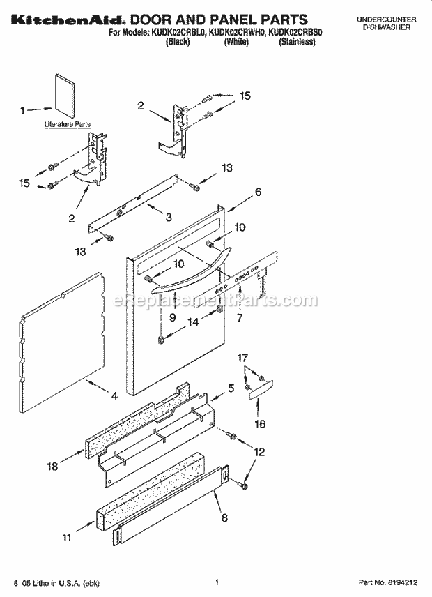 KitchenAid KUDK02CRBL0 Dishwasher Door and Panel Parts Diagram