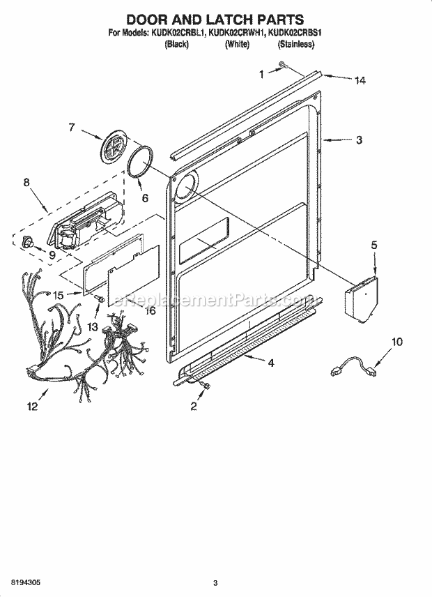 KitchenAid KUDK02CRBL1 Dishwasher Door and Latch Parts Diagram