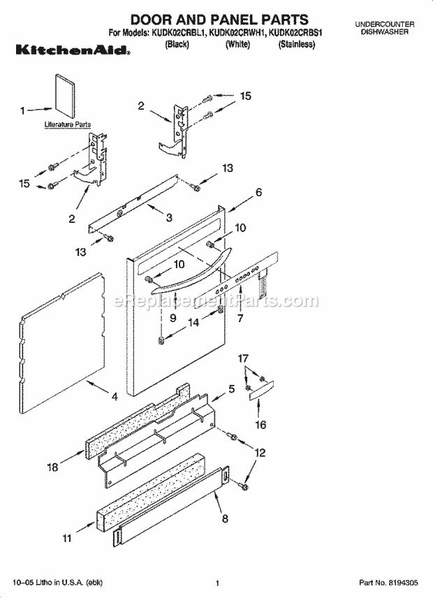 KitchenAid KUDK02CRBL1 Dishwasher Door and Panel Parts Diagram