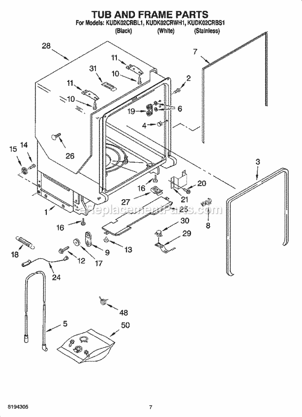KitchenAid KUDK02CRBL1 Dishwasher Tub and Frame Parts Diagram