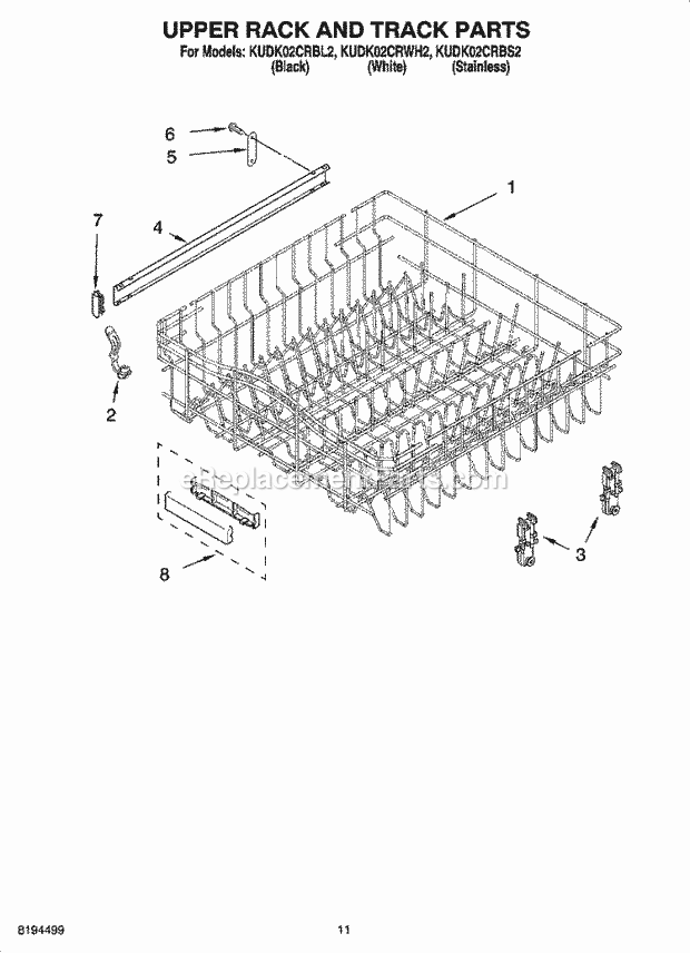 KitchenAid KUDK02CRBS2 Dishwasher Upper Rack and Track Parts Diagram