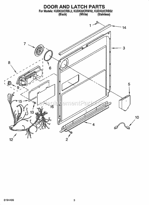 KitchenAid KUDK02CRBS2 Dishwasher Door and Latch Parts Diagram