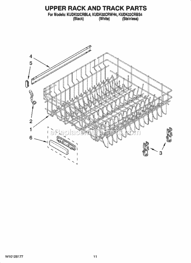 KitchenAid KUDK02CRBS4 Dishwasher Upper Rack and Track Parts Diagram