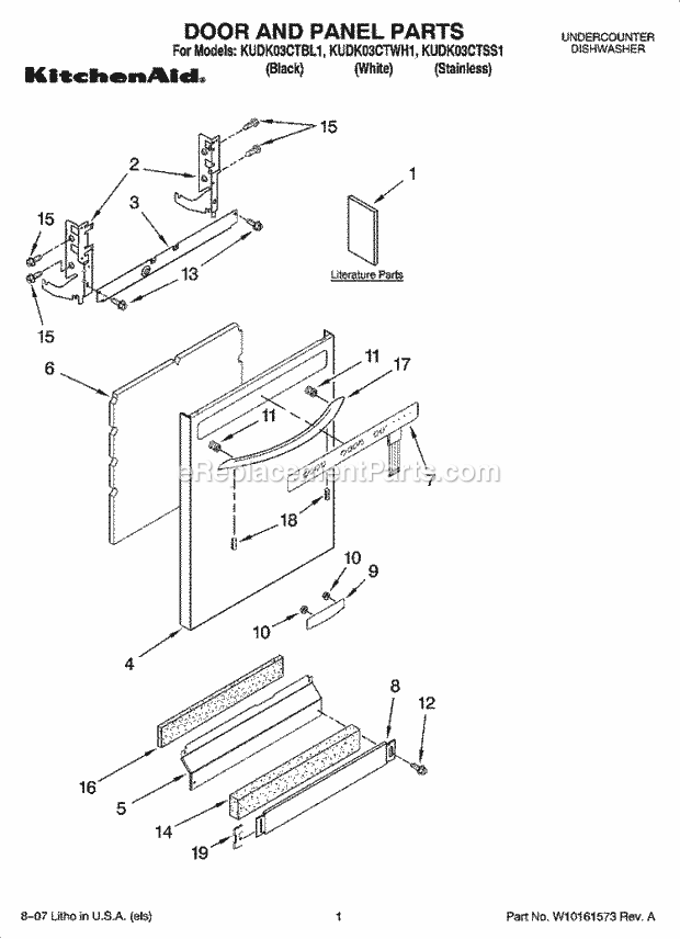 KitchenAid KUDK03CTBL1 Dishwasher Door and Panel Parts Diagram