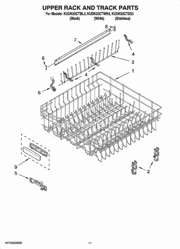 KitchenAid KUDK03CTBL3 Dishwasher Upper Rack and Track Parts Diagram