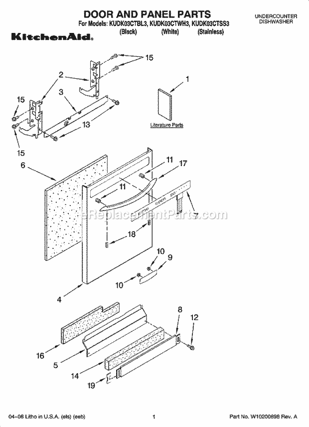 KitchenAid KUDK03CTBL3 Dishwasher Door and Panel Parts Diagram