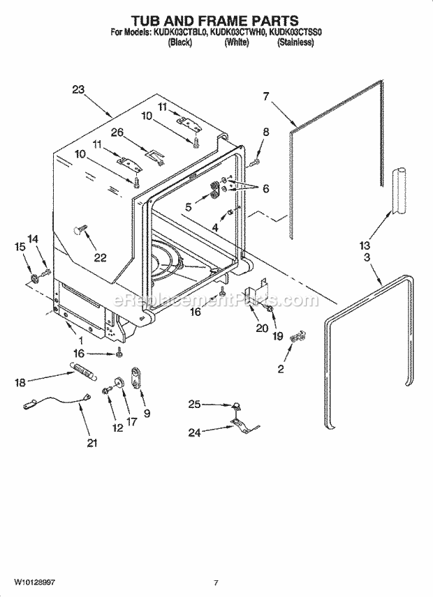 KitchenAid KUDK03CTWH0 Dishwasher Tub and Frame Parts Diagram