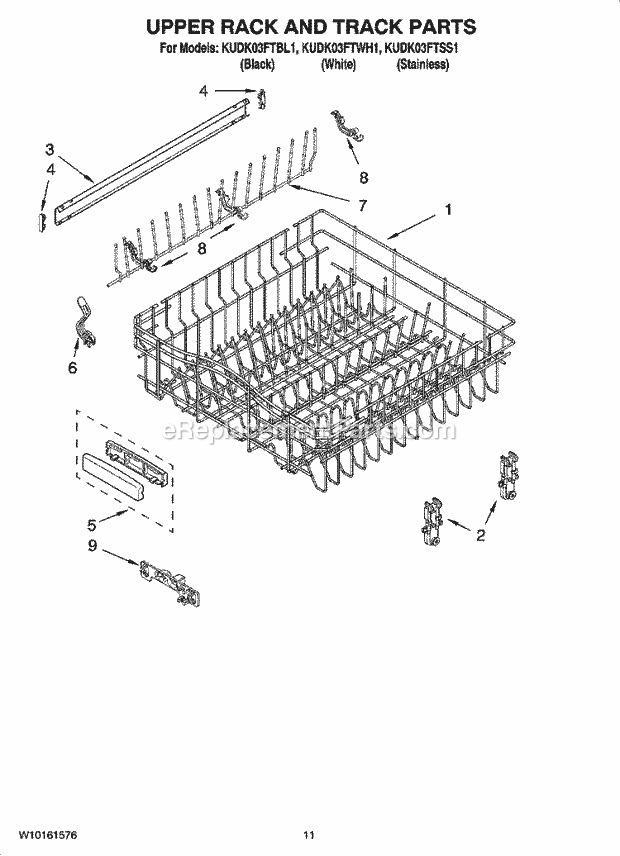 KitchenAid KUDK03FTBL1 Dishwasher Upper Rack and Track Parts Diagram