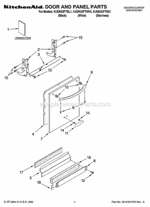 KitchenAid KUDK03FTBL1 Dishwasher Door and Panel Parts Diagram