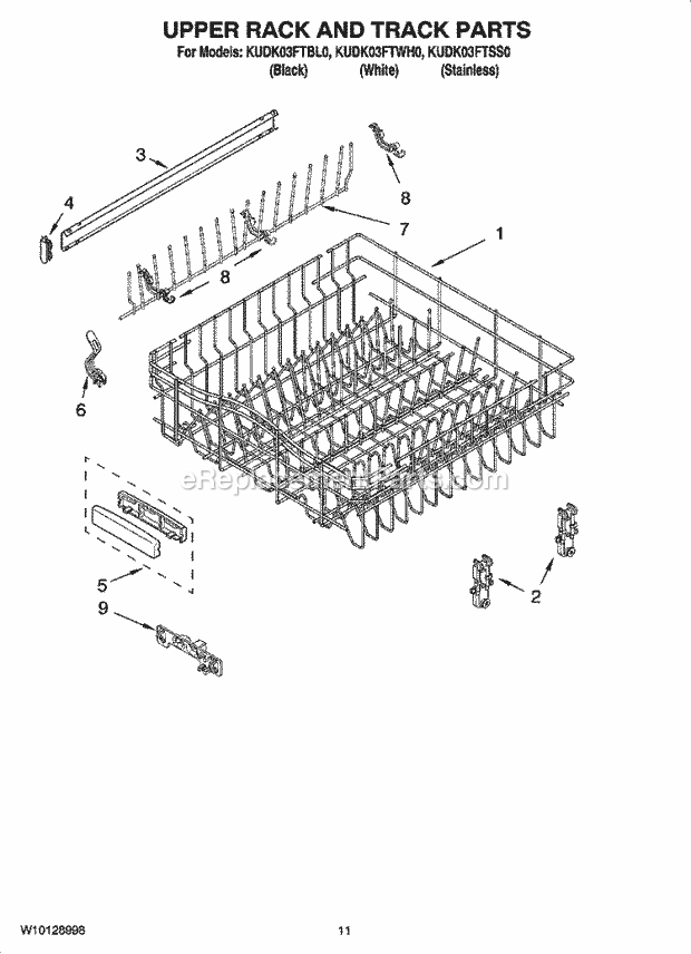 KitchenAid KUDK03FTSS0 Dishwasher Upper Rack and Track Parts Diagram