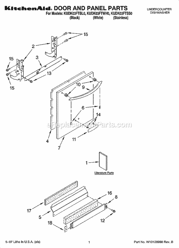 KitchenAid KUDK03FTSS0 Dishwasher Door and Panel Parts Diagram