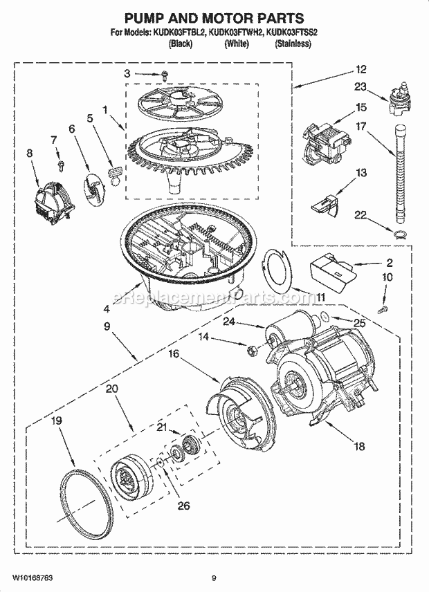 KitchenAid KUDK03FTWH2 Dishwasher Pump and Motor Parts Diagram