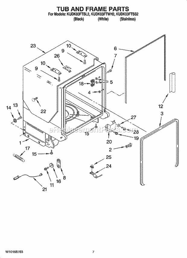 KitchenAid KUDK03FTWH2 Dishwasher Tub and Frame Parts Diagram