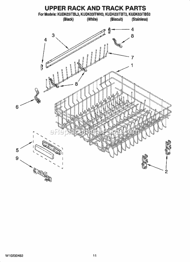 KitchenAid KUDK03ITBL3 Dishwasher Upper Rack and Track Parts Diagram