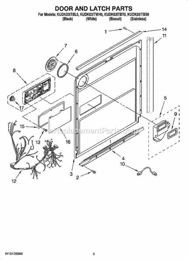 KitchenAid KUDK03ITBS0 Dishwasher Door and Latch Parts Diagram