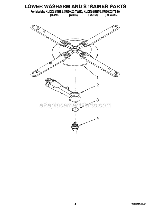 KitchenAid KUDK03ITBS0 Dishwasher Lower Washarm and Strainer Parts Diagram