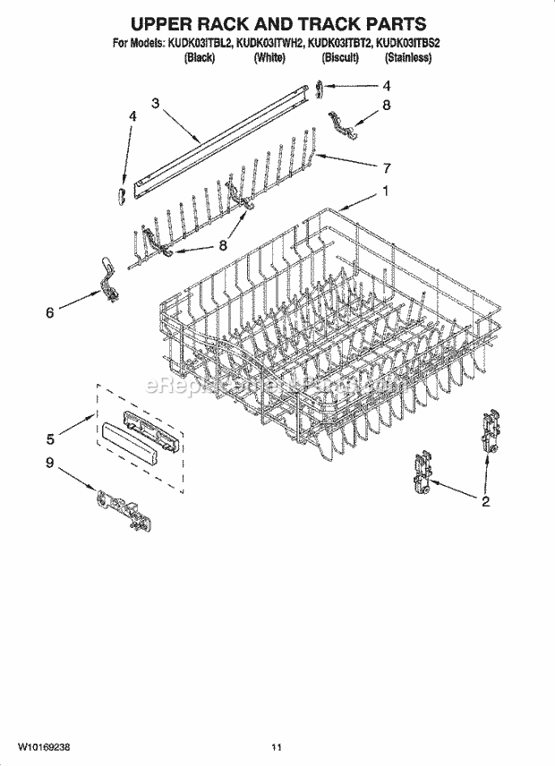 KitchenAid KUDK03ITBT2 Dishwasher Upper Rack and Track Parts Diagram