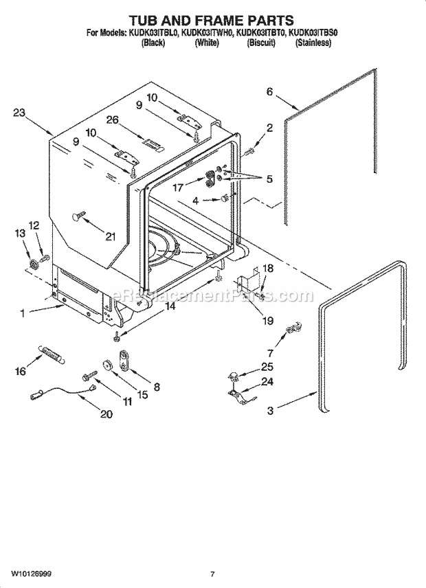 KitchenAid KUDK03ITWH0 Dishwasher Tub and Frame Parts Diagram