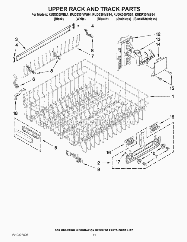 KitchenAid KUDK30IVSS4 Dishwasher Upper Rack and Track Parts Diagram