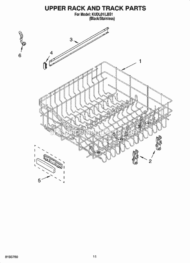 KitchenAid KUDL01ILBS1 Dishwasher Upper Rack and Track Parts Diagram